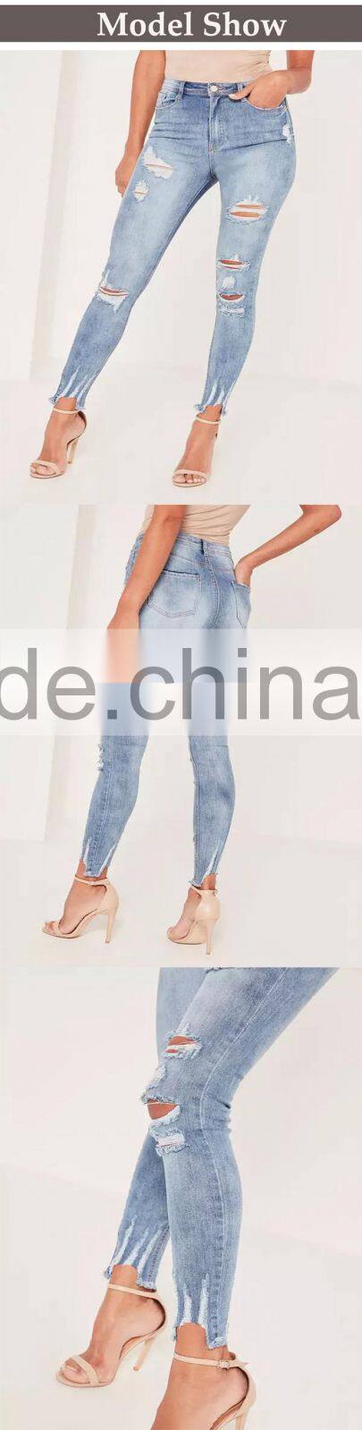 Fashion women blue high waisted brushed ripped skinny denim jeans with hole