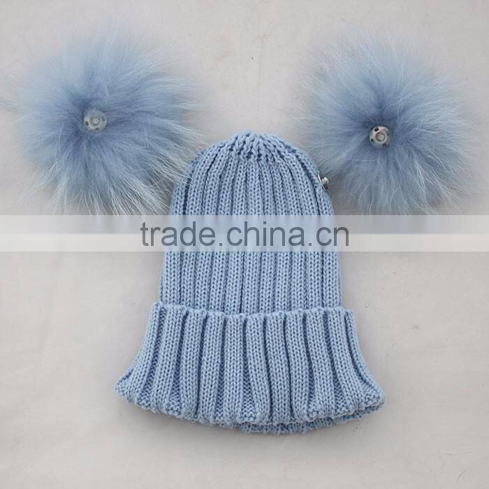 Myfur Red Raccoon Fur Pom Poms Wool Knitting Hat with Genuine Raccoon Fur Balls