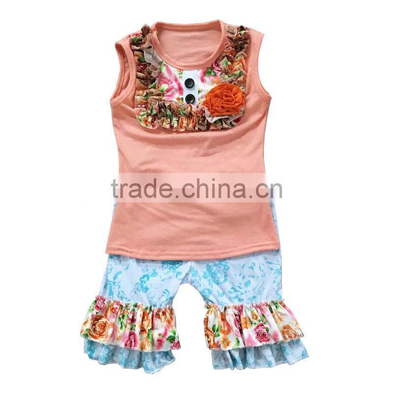 Cheap children clothing set flower cotton knitted children baby girl clothes toddler baby boutique ruffle o-neck tops outfit