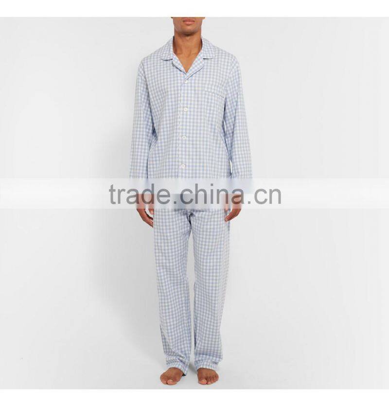 Light Blue and White Checked Men Loungewear Set Long Sleeves Shirt and Trousers