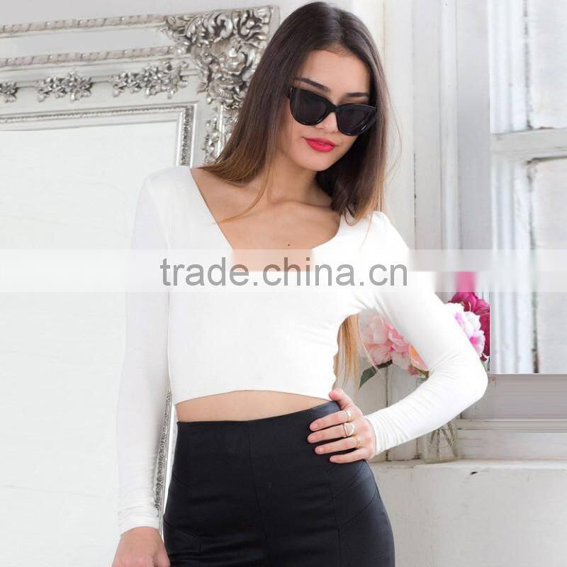 Deep v neck long sleeve sexy thin plain dyed peruvian cotton crop tops/t shirt