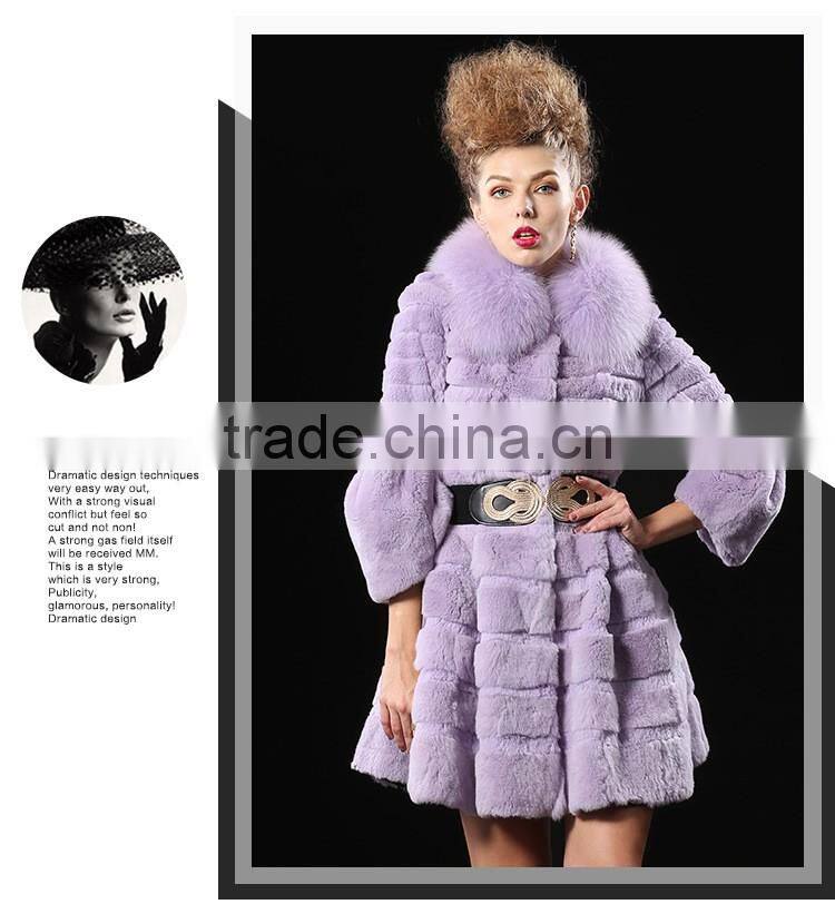 2017 real animal fur woman overcoat knit Rex rabbit fur with fox fur collar