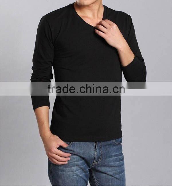 Mens custom design black V neck plain Long sleeve t shirt for men