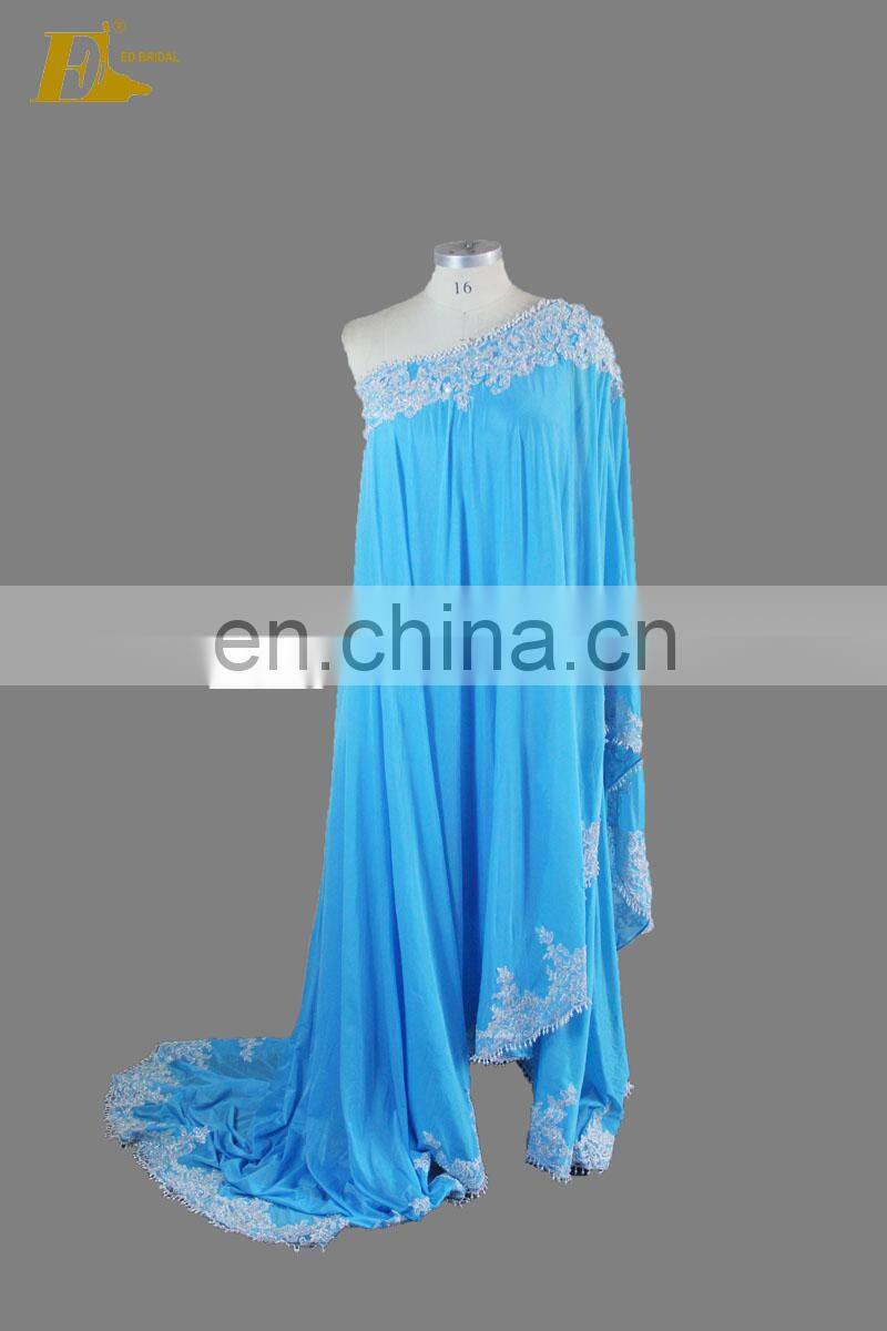 Fashion Blue One Shoulder Lace Hem Pearl Beads 2017 Plus Size Muslim Evening Dress