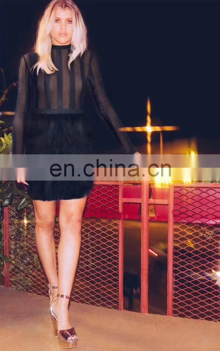 Women's Sexy Long Sleeve Mesh Luxury Fur Trim Party Dresses New Year's Eve Hot Dresses