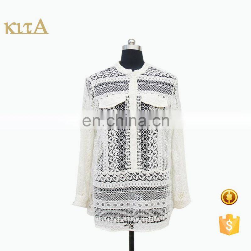 hot exquisite long sleeve button down with fake pocket customerized lace blouse