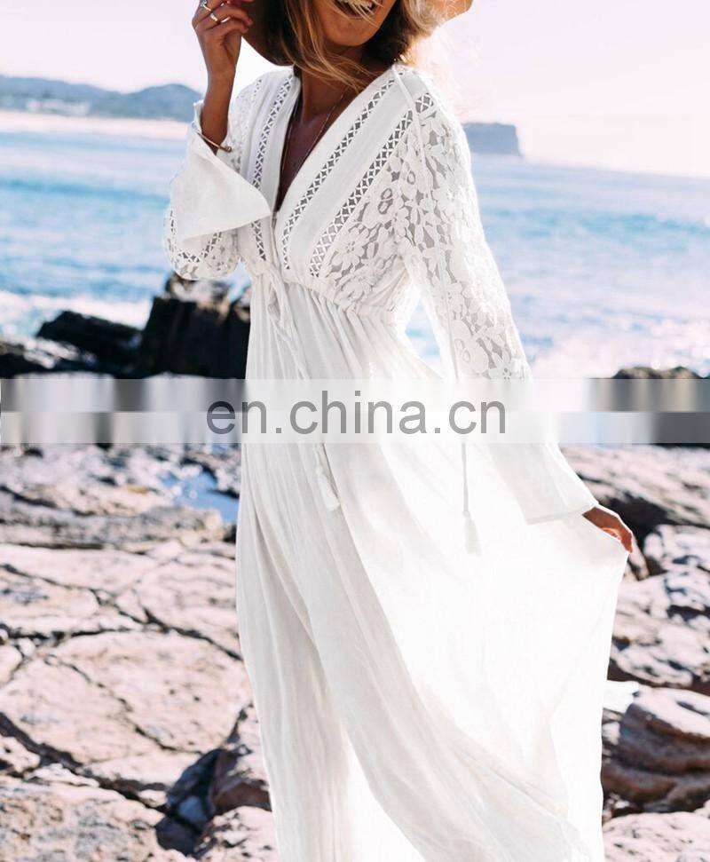Elegant Lace Patchwork Button Front Open Long Sleeve White Cotton Beach Dress Women Swimwear Cover Up Beach Tunic Plus Size