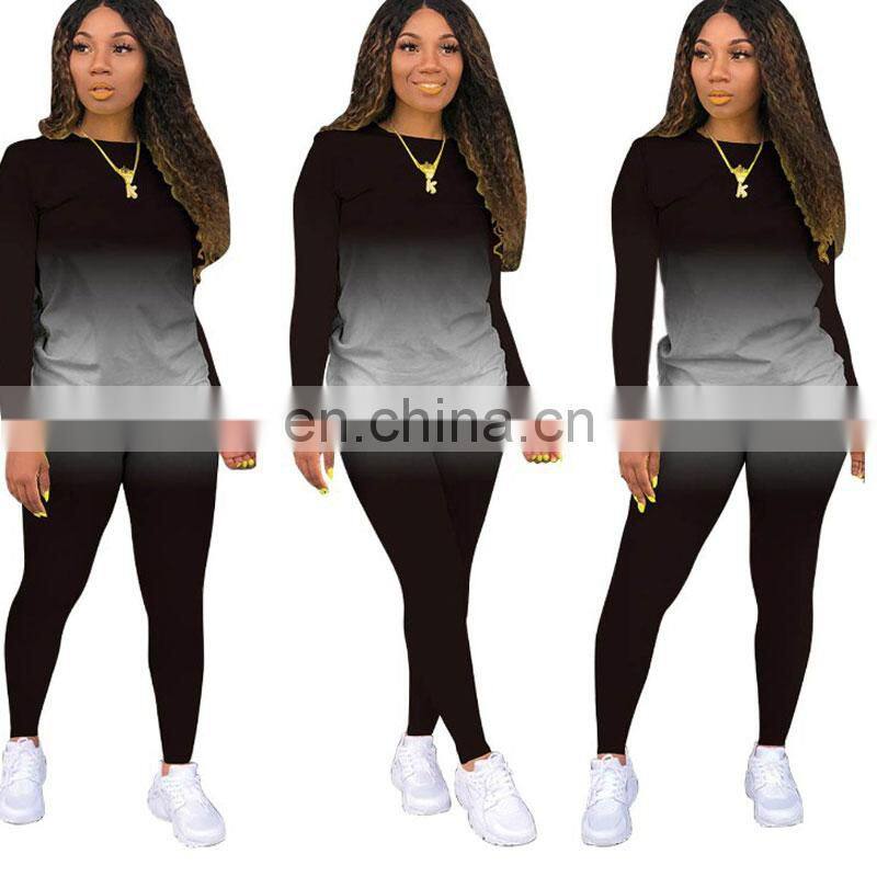 Wholesale custom autumn and winter women's new gradient round neck long-sleeved home casual sports suit jogging stacking pants