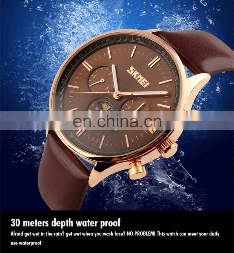 SKMEI 9117 Japan movt quartz watch stainless steel back wristwatch with leather strap