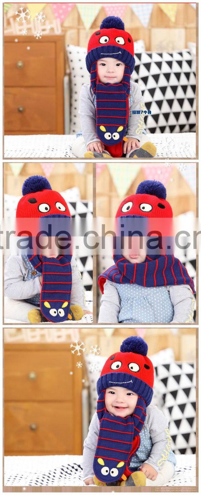 2015 Winter Newest Cute Eyes Embroidery Acrylic Stripe Knit Siamesed Two Piece Set Baby Hat and Scarf