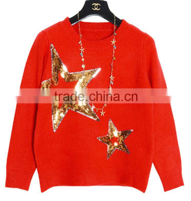 Red knitting wear lady paillette sewes 100% wool christmas sweater pullover