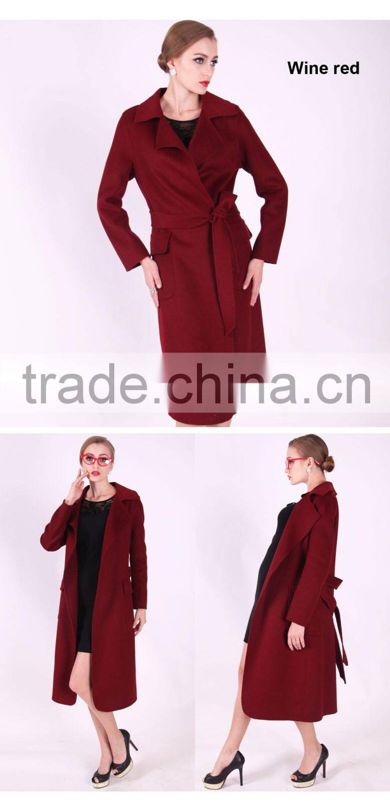 2016 New Design Fashion Women Length Slim Fit Wool Coat With Belt