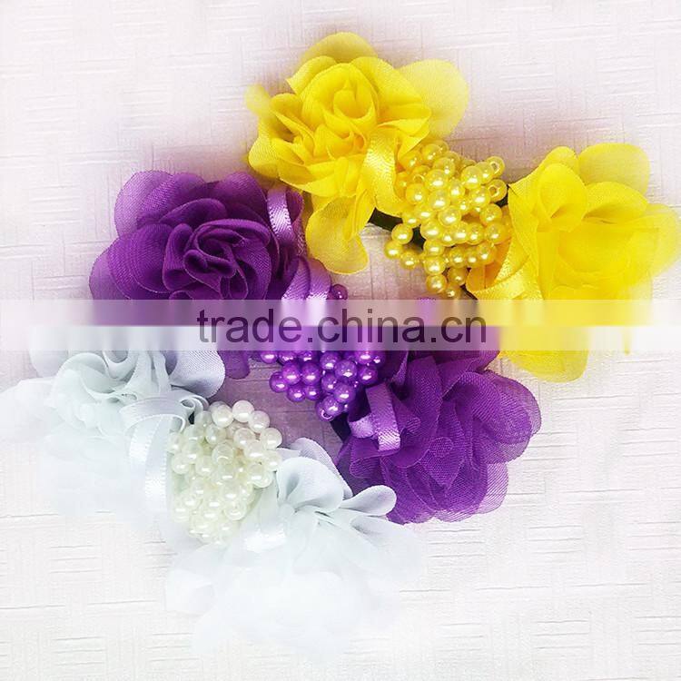 New style girly colorful 3" chiffon pearls hair bow,chiffon rosette hair bow hair hand