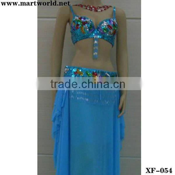 blue rhinestone belly dance bra and belt costumes(XF-054)