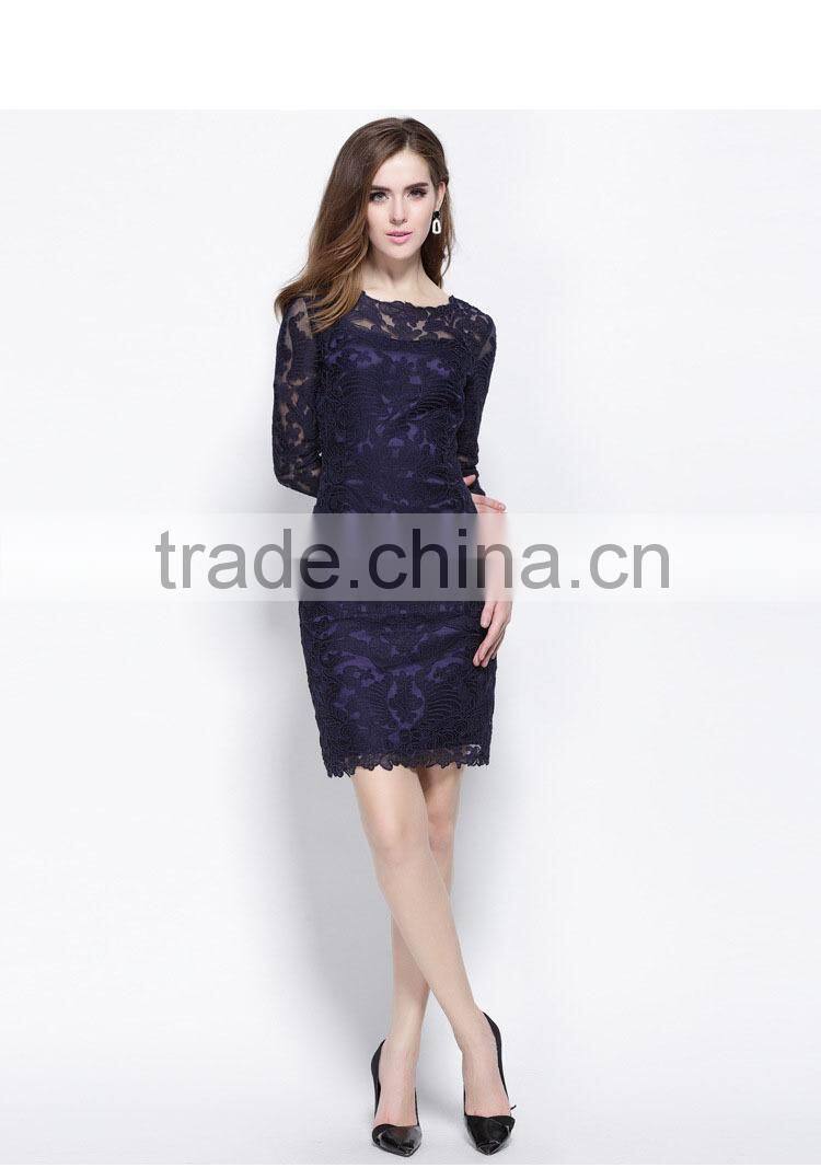 2016 Long Sleeve Design Short Purple Crochet Lace Dress