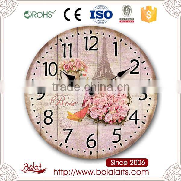 European tall eiffel tower pink roses show mdf material gif wall clock for bedroom