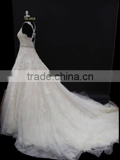 Two straps cross back L.gold/IV colored A-line 2016 wedding dress with long train