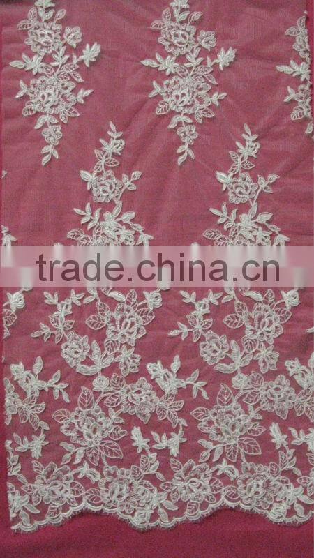 High Scalloped Edge One Side Narrow Trim on Top Side Corded Embroidery Lace Fabric