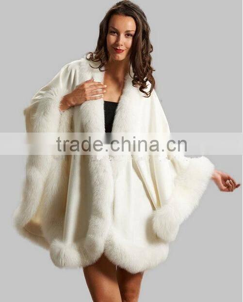 New Fashion Large Size Women White Cashmere Cape with Big Fox Fur Trim