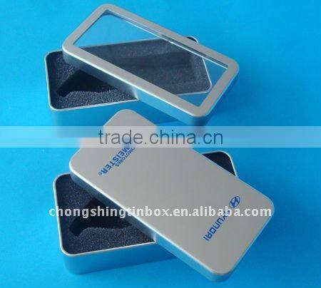 Rectangular metal packaging box with PET window