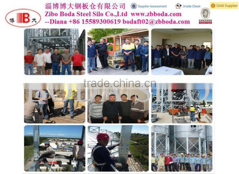 Roof grain scraper / chain conveyor on steel silo with catwalk for supporting