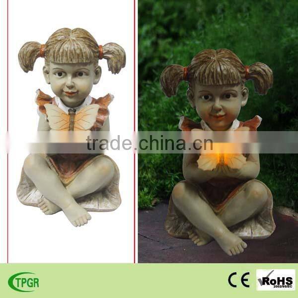 Polyresin figurine harvest girl with butterfly solar light
