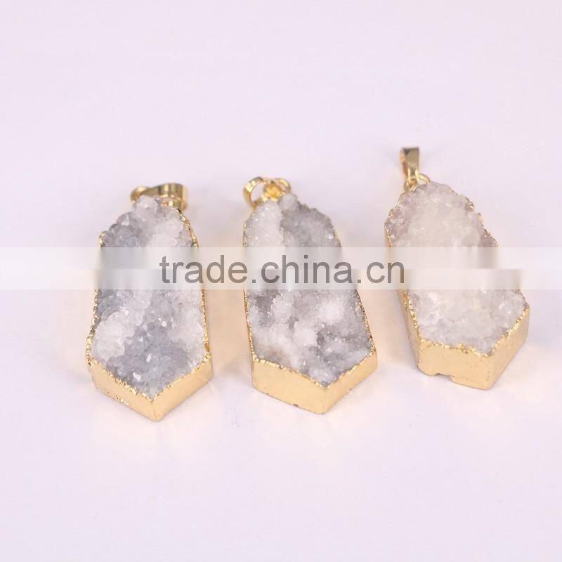 Druzy Quartz Pendant, Polygon shape Natural Druzy Pendant Gold Edged Gemstone Jewelry