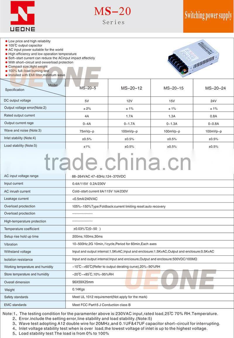 CE RoHS Universal AC Input 20W 5V Power Supply MS-20-5