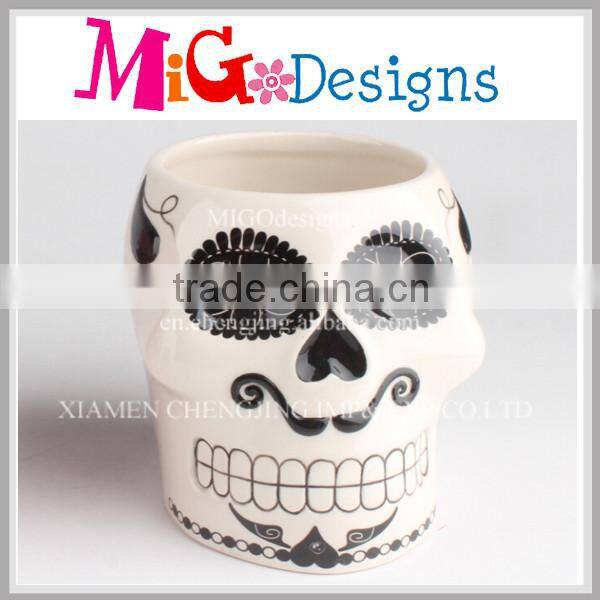 White Ceramic Skull Pot Without Lid Cute Paint OEM