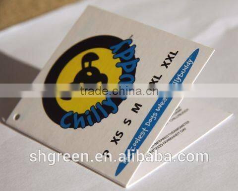 Center fold paper hangtag with plastic string tags for jeans denim