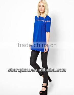 2013 high fashion design women summer chiffon top scalloped top lace insert top shkz74