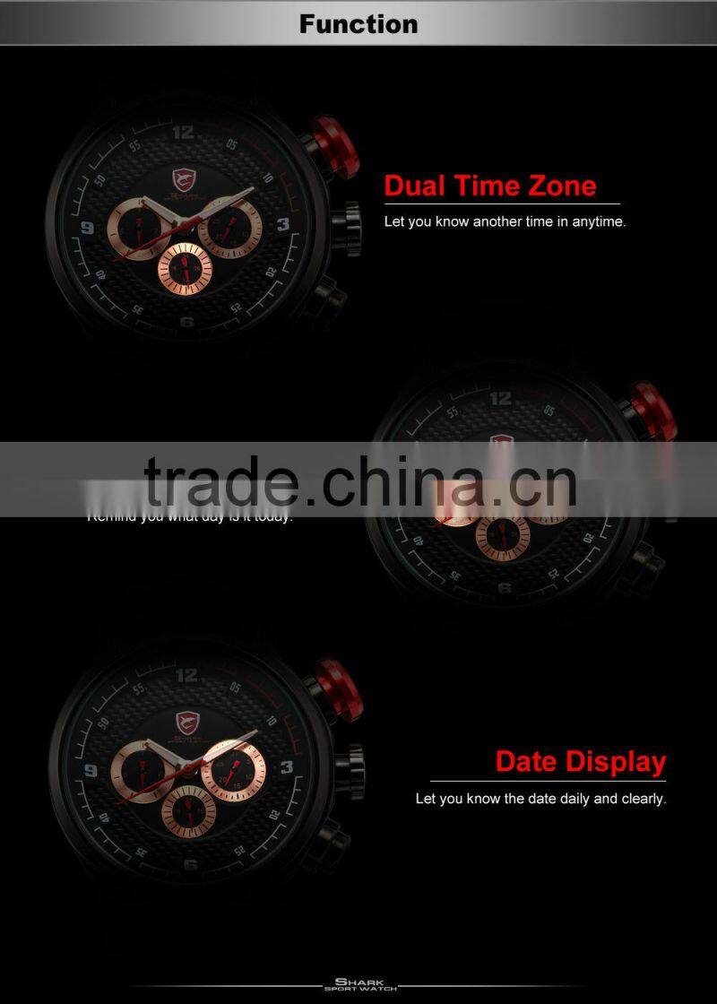 Shark 6 Hands Leather Band Steel Case Mens Quartz Army Luxury Analog Sport Wacth