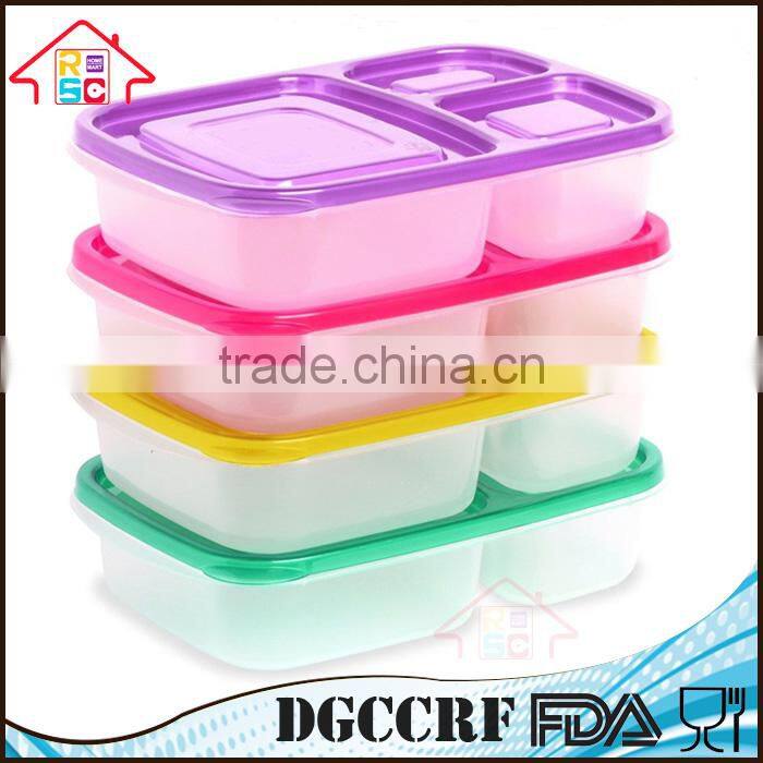 3 Compartment Containers Reusable Bento Lunch box & Divided Food Storage With Multi Colored Lids