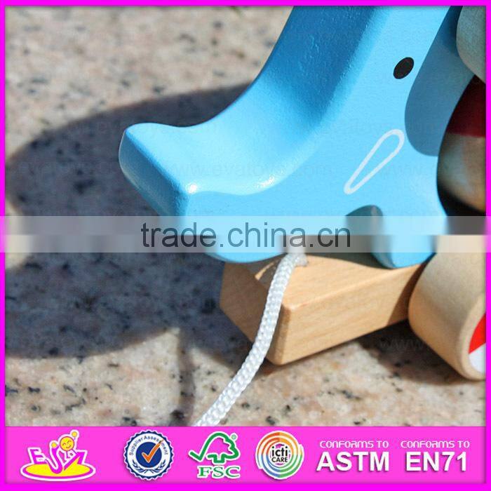Top grade hot sale wooden toy pull cart for kids,Elephant design wooden string cart pull back toy car W05B075-A2