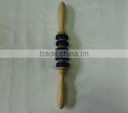wooden massage stick with five rubber rollers