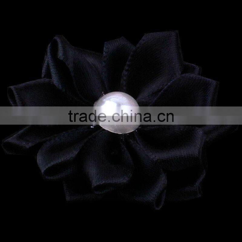 satin ribbon flower with pearl bead center for kids hair accessories