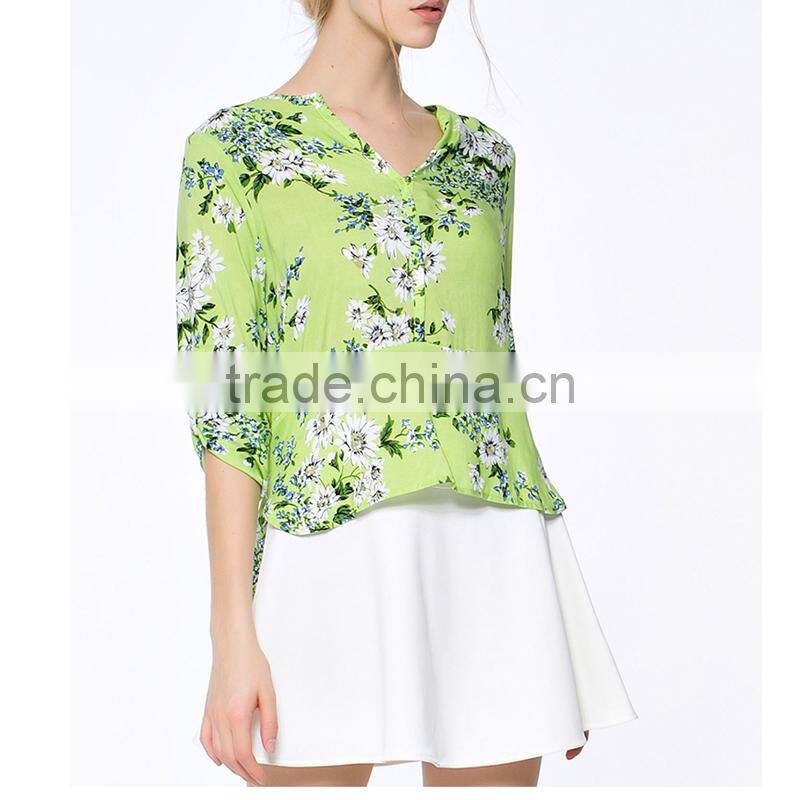 lady's new summer fashionable printed V neck design long sleeve models short sleeve blouse