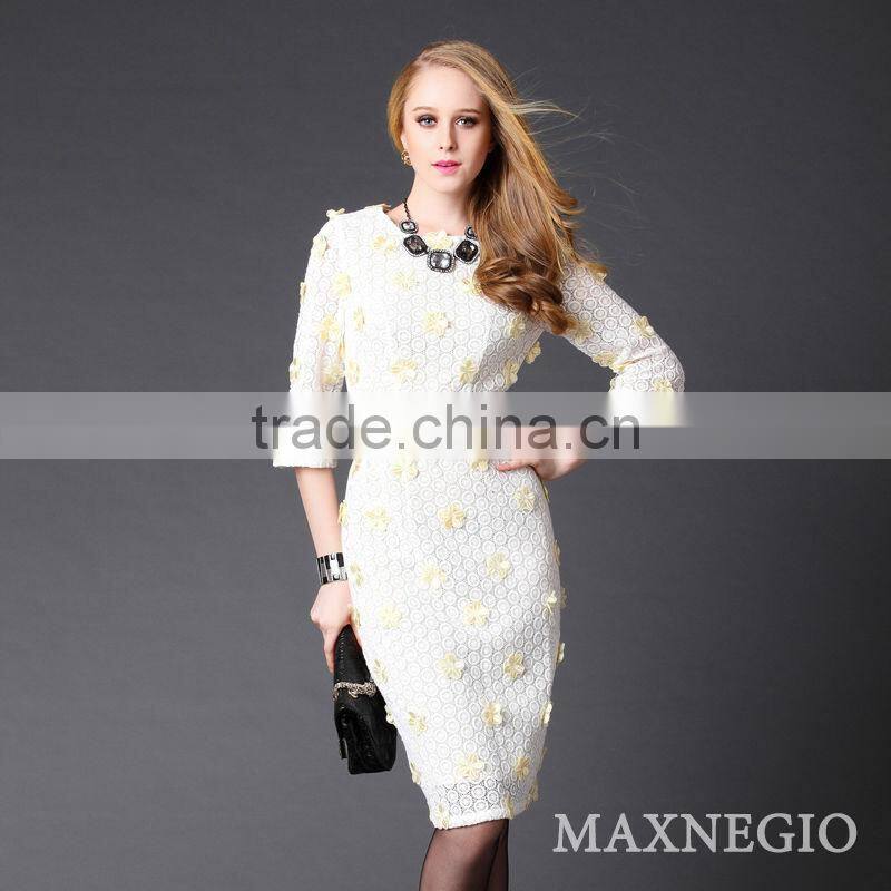 Hot fitting tailor black lace knee length white party dresses with waistband