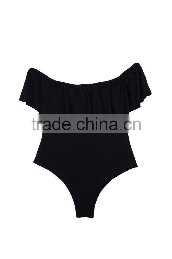 ladies fashion black with big ruffle one-piece swimwear