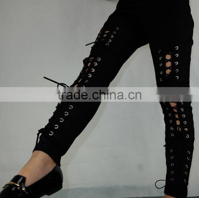 M1192 Runwaylover hollow cross bandage tight pants autumn demin pants