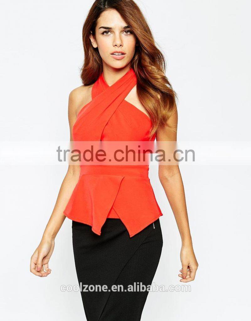 Halter neck smooth stretch fabric peplum top wholesale tank top