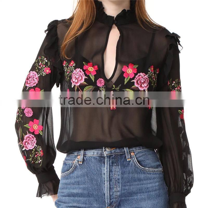 2017 OEM Peony Embroidered Silk-chiffon Button Keyhole Ruffle Blouse