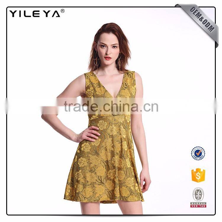 Odm Services Pleated V Neck Sleeveless Dress Flower Slim Waist