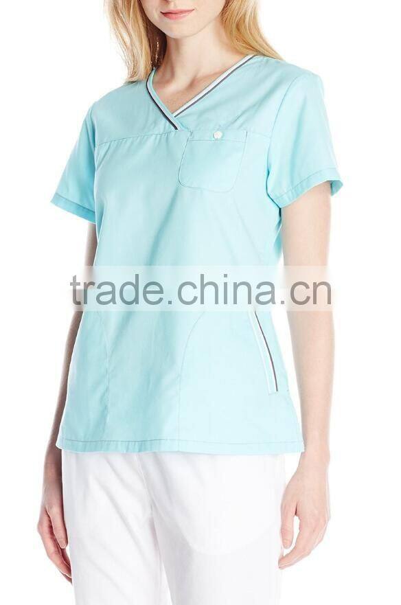 women's sporty crossover V-Neck scrub top stripe trim nurse uniform