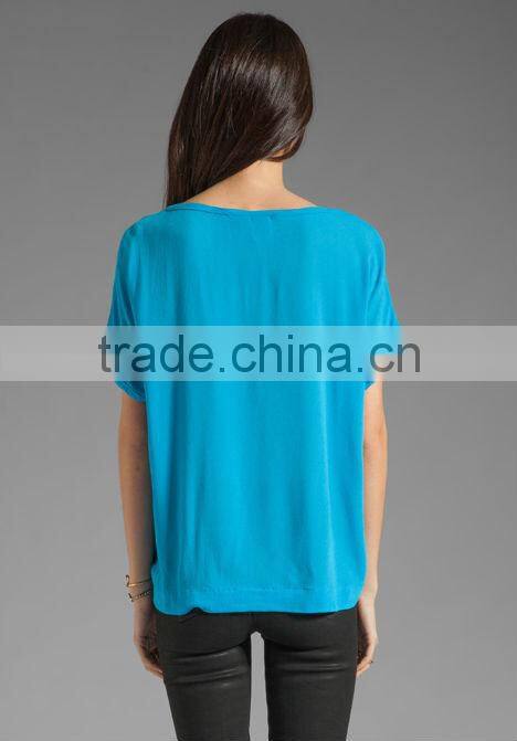 ladies 100% rayon front breast pocket short sleeve tee shirts