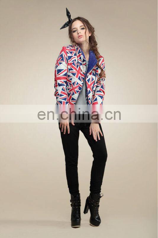 english flag printed short length stand collar oblique zipper down coats for elegant girls