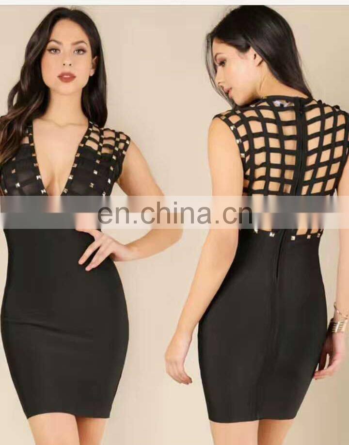 Women Sexy Sleeveless Deep V Hollow Out Cocktail Clubwear Party Mini Bandage Bodycon Dresses