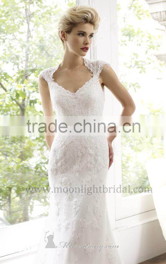 Shealth V-line Neckline Cap Sleeves Full Back over Lace Wedding Dresses with Cap Sleeves