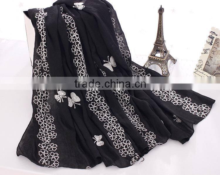 New Design Butterfly Embroidery Cotton Fashion Ladies Scarf