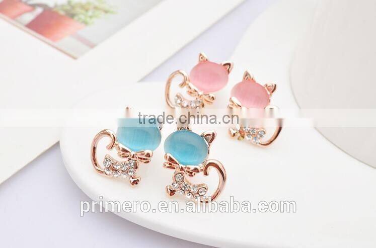 New Pure Gold Plate Cute Kitten Sweet Opal Cat Bowknot Stud Earrings